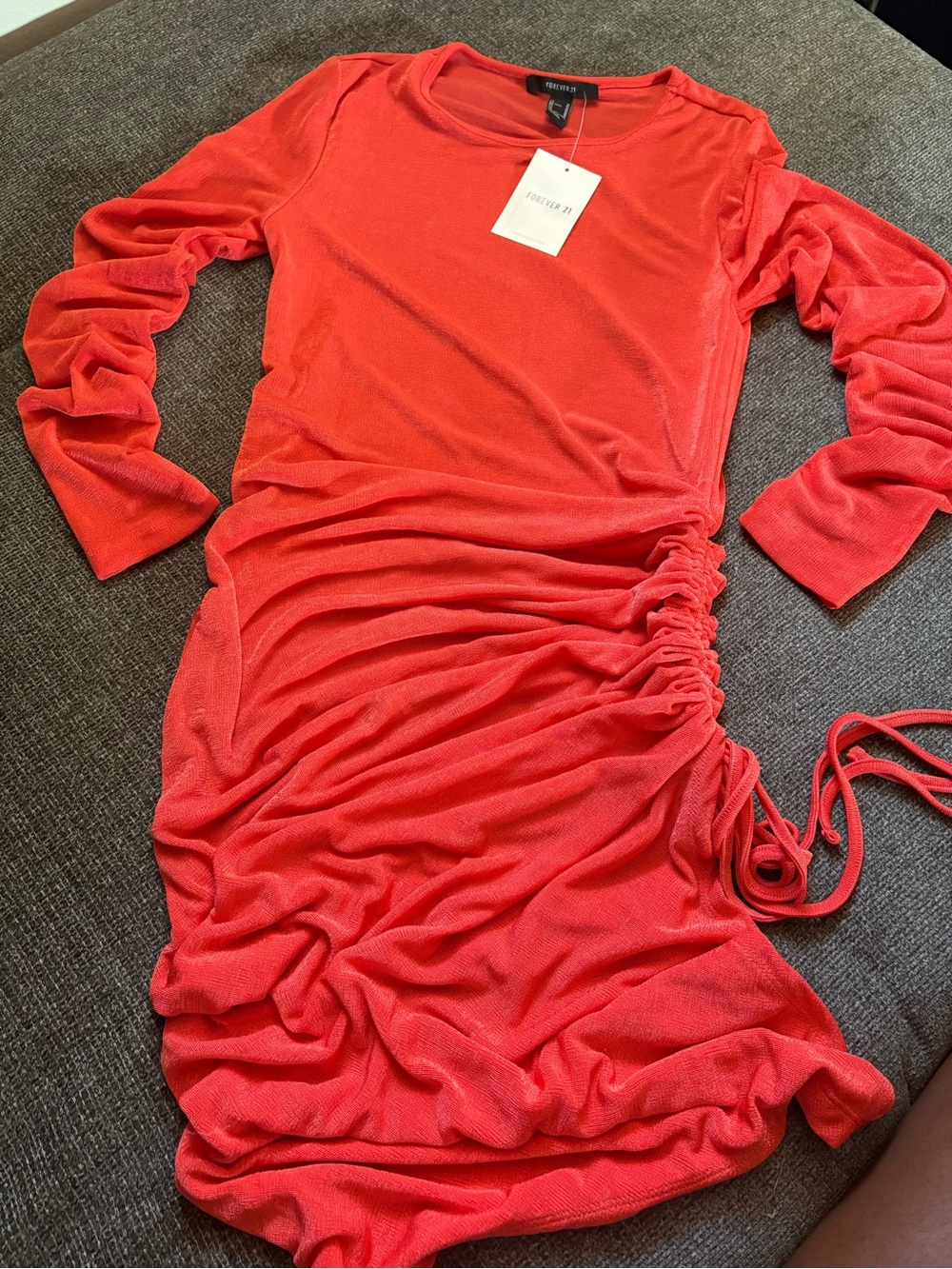 Forever 21 Coral-Red Ruched Long Sleeve Midi Dress